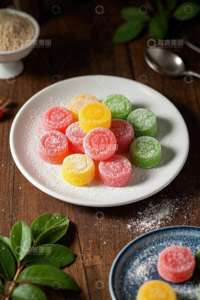 高清大图下载【趣麦麦图】木桌上盘子里的多彩糖果
