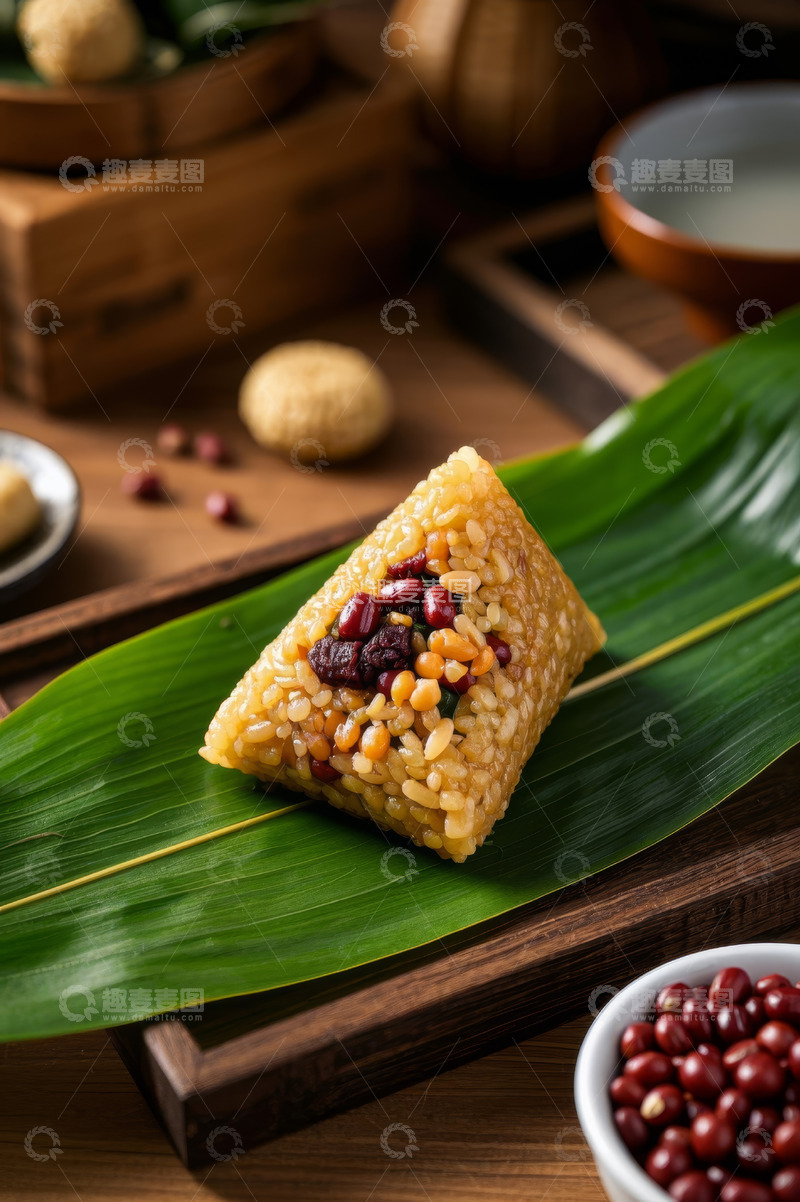高清大图下载【趣麦麦图】粽叶上的多彩馅料粽子