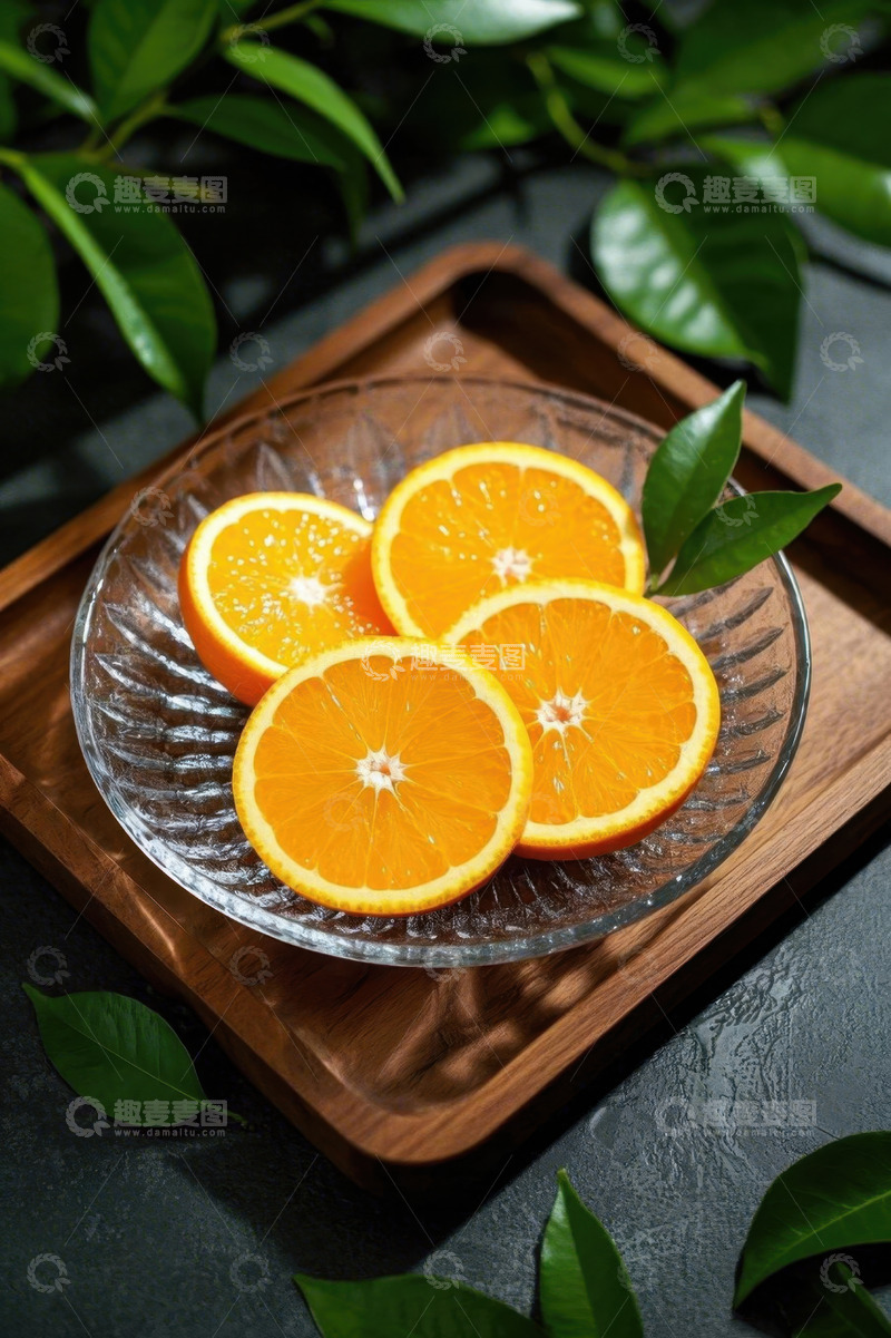 高清大图下载【趣麦麦图】玻璃盘中摆放的新鲜橙子切片