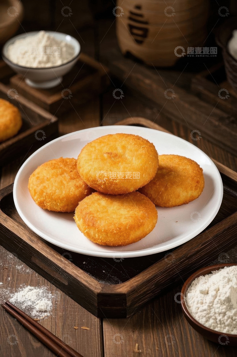 高清大图下载【趣麦麦图】木盘上的油炸圆饼美食特写