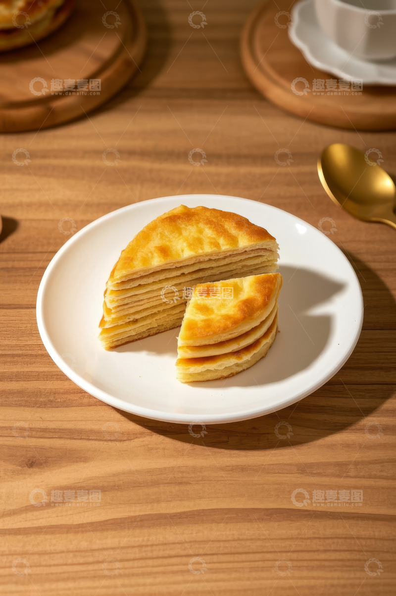 高清大图下载【趣麦麦图】木桌上白盘内的多层美味糕点