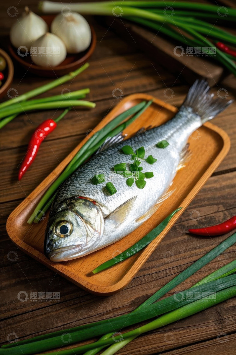 高清大图下载【趣麦麦图】木盘上的鲜鱼与配菜