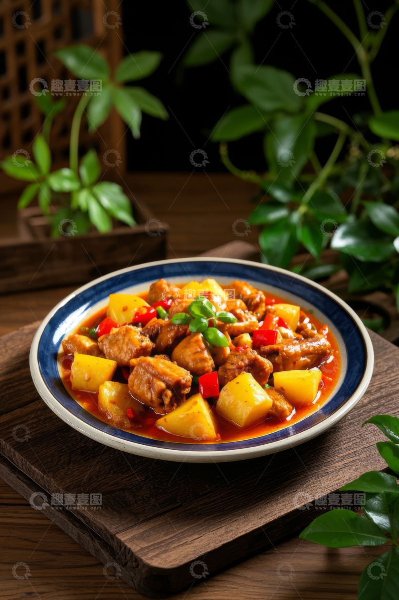 高清大图下载【趣麦麦图】木盘上的土豆烧排骨美食