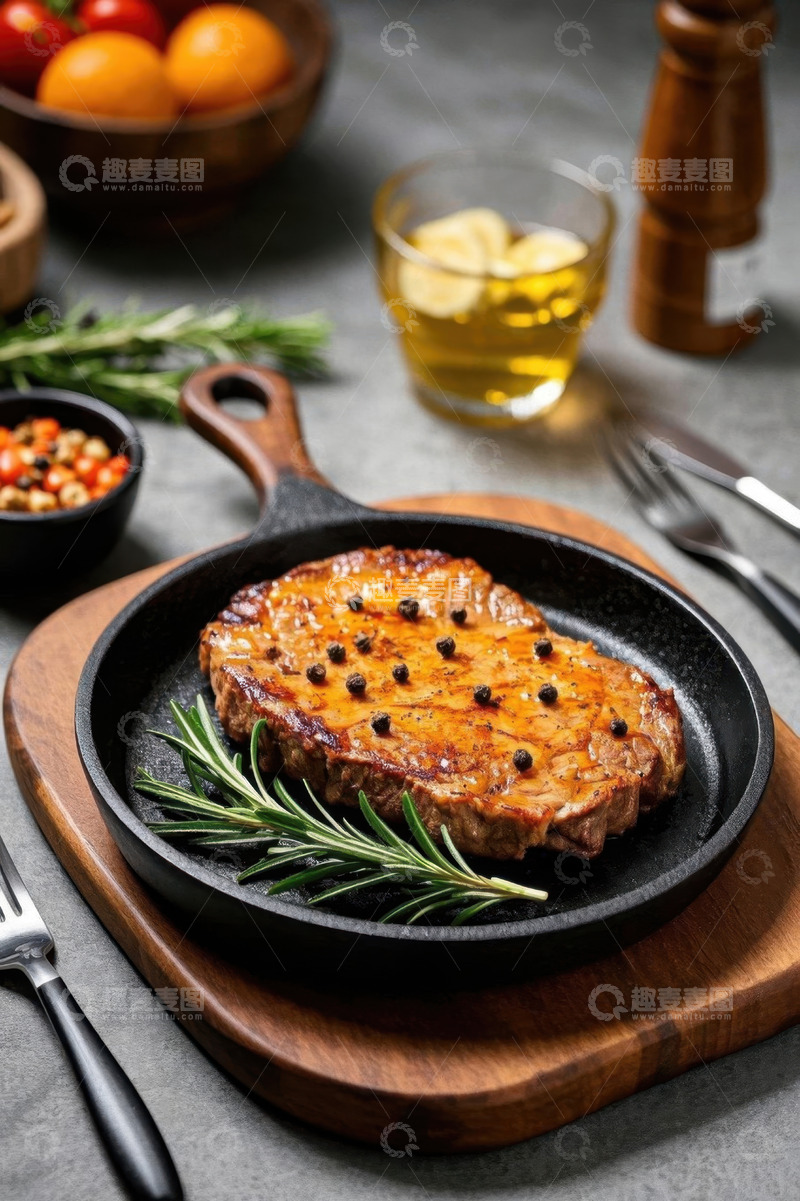 高清大图下载【趣麦麦图】煎锅上的牛排与餐桌装饰