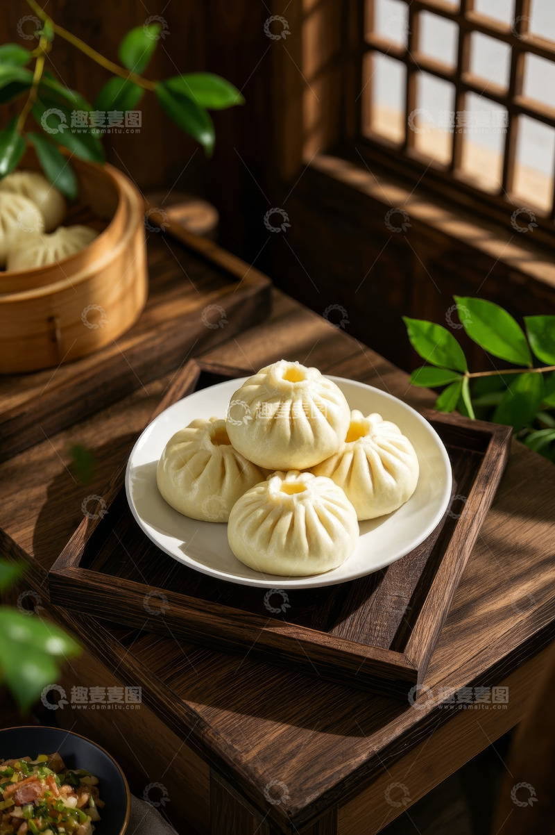 高清大图下载【趣麦麦图】中式木桌上的美味包子