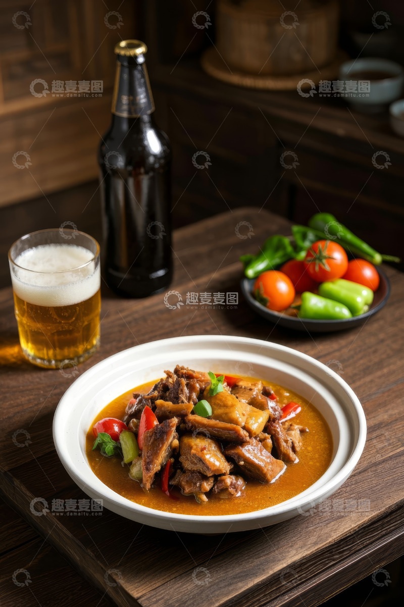 高清大图下载【趣麦麦图】餐桌上的啤酒鸭与啤酒蔬果