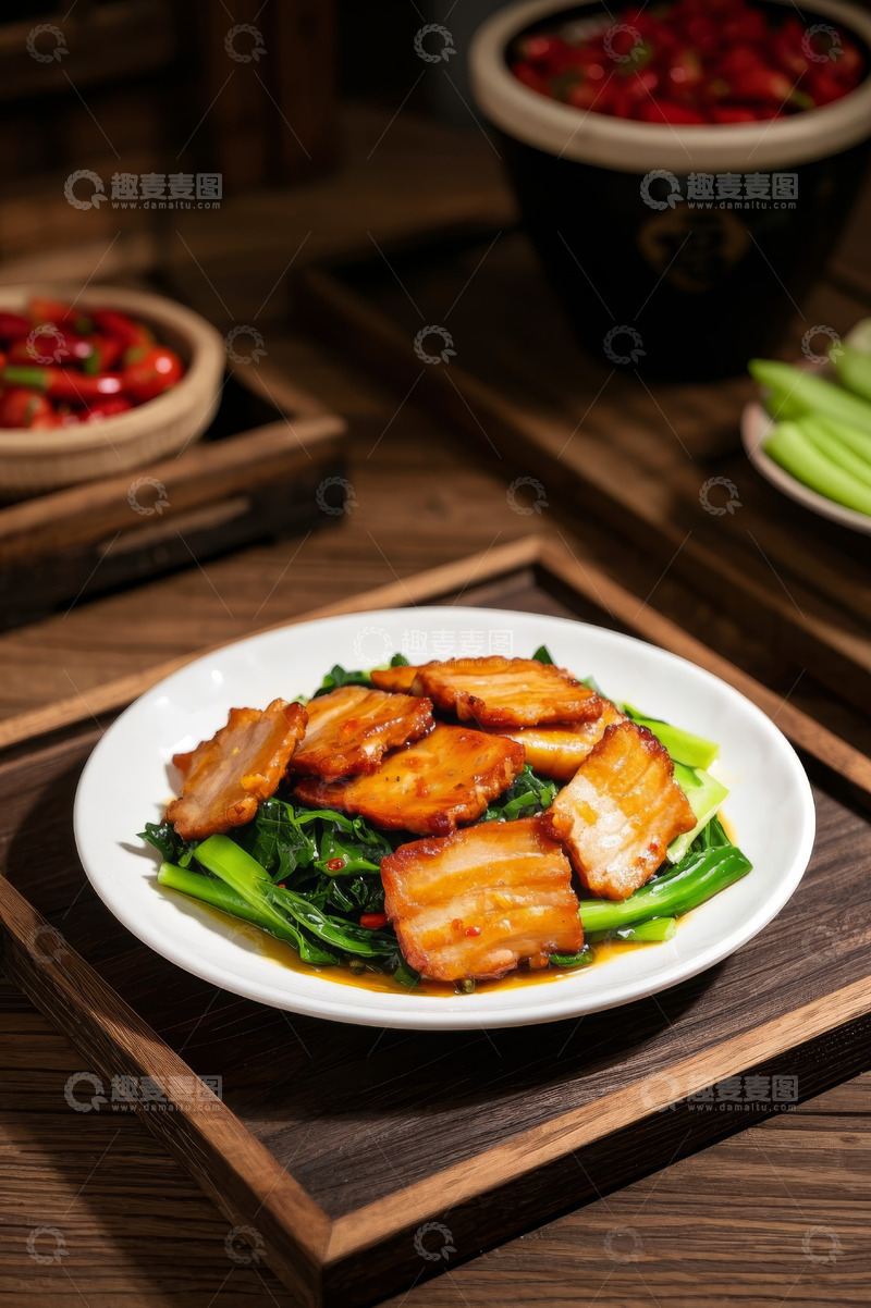 高清大图下载【趣麦麦图】木盘上的青菜炒五花肉美食