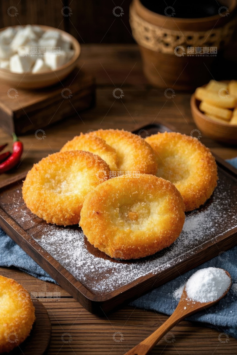 高清大图下载【趣麦麦图】木盘上摆放的油炸美食