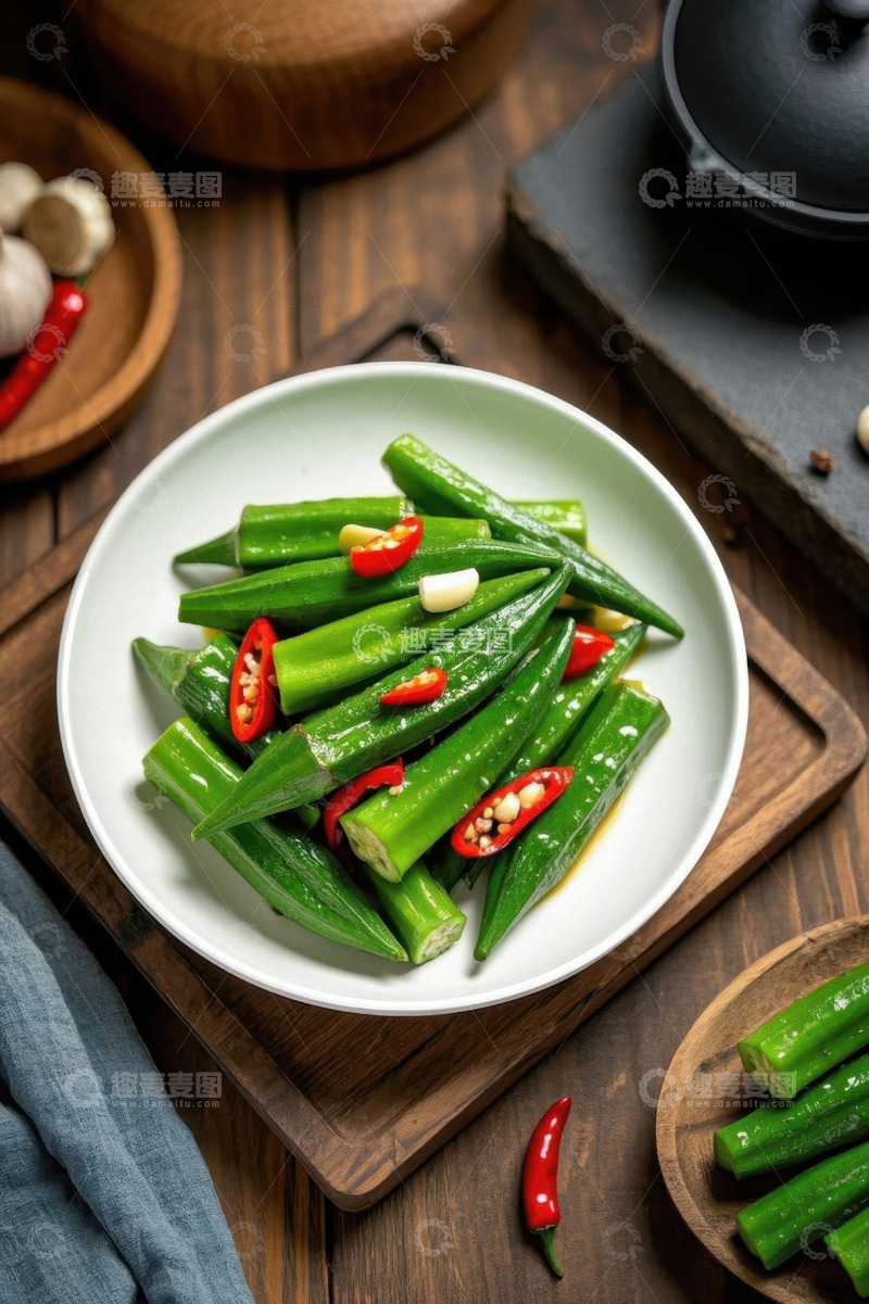 高清大图下载【趣麦麦图】木盘上的秋葵菜肴特写