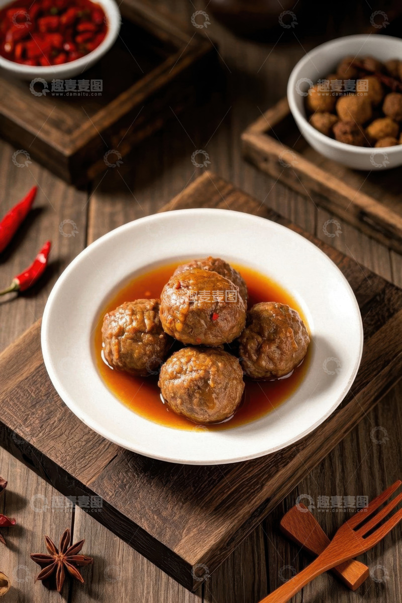 高清大图下载【趣麦麦图】木盘上的红烧肉丸美食特写