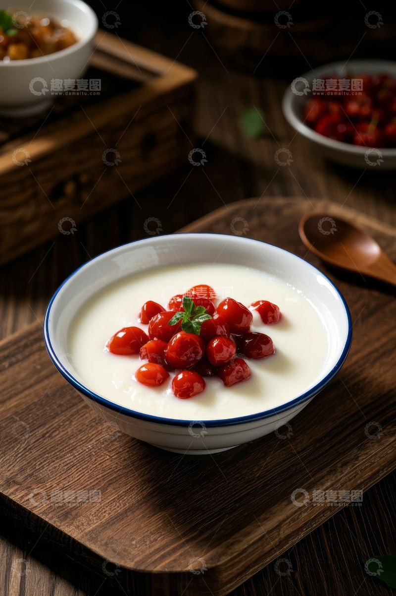 高清大图下载【趣麦麦图】碗装白色食物配红色果粒