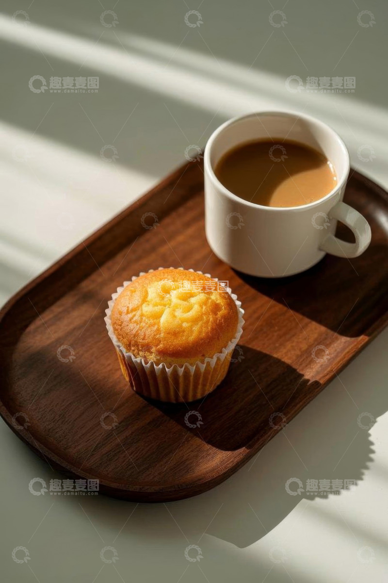 高清大图下载【趣麦麦图】木托盘上的纸杯蛋糕与咖啡