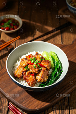 木桌排骨盖饭与配菜画面