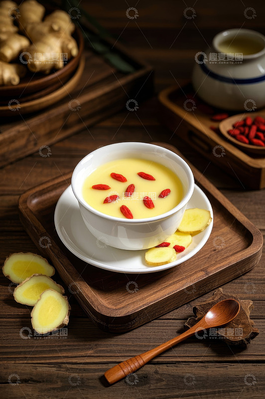 木制托盘上的枸杞生姜饮品