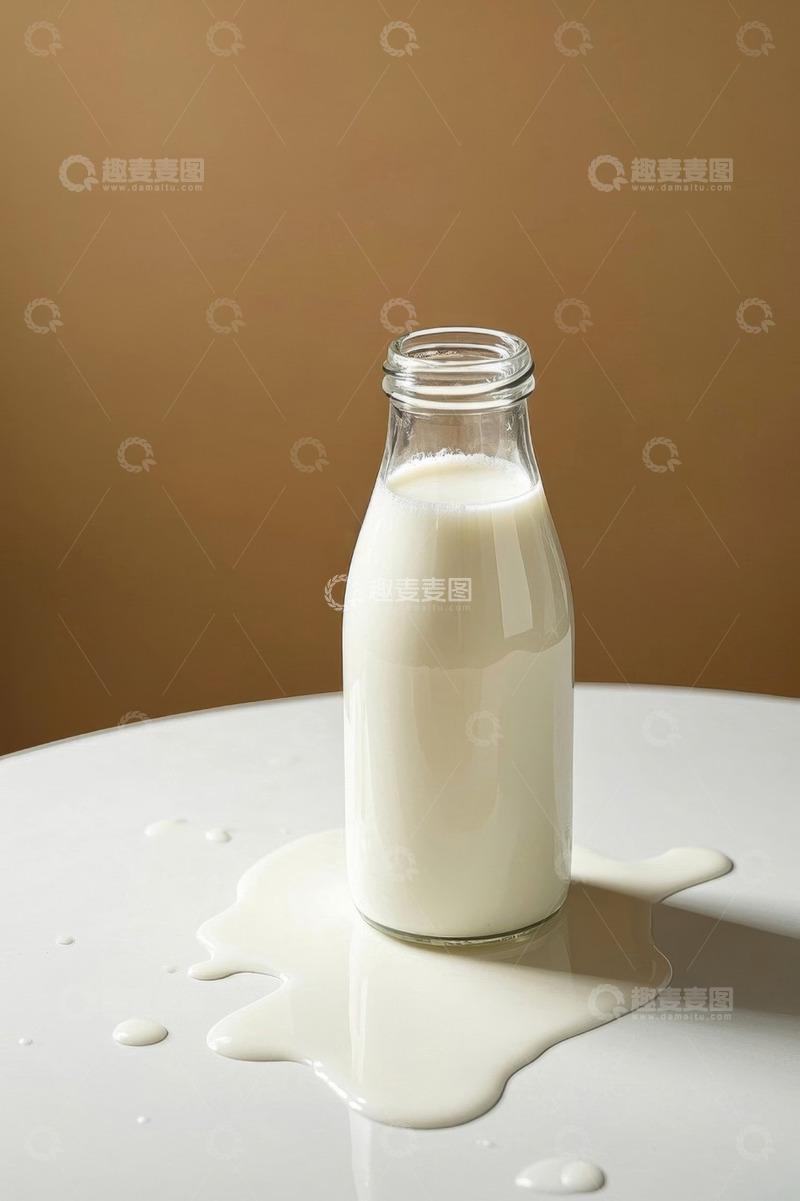高清大图下载【趣麦麦图】玻璃瓶牛奶溢出桌面场景