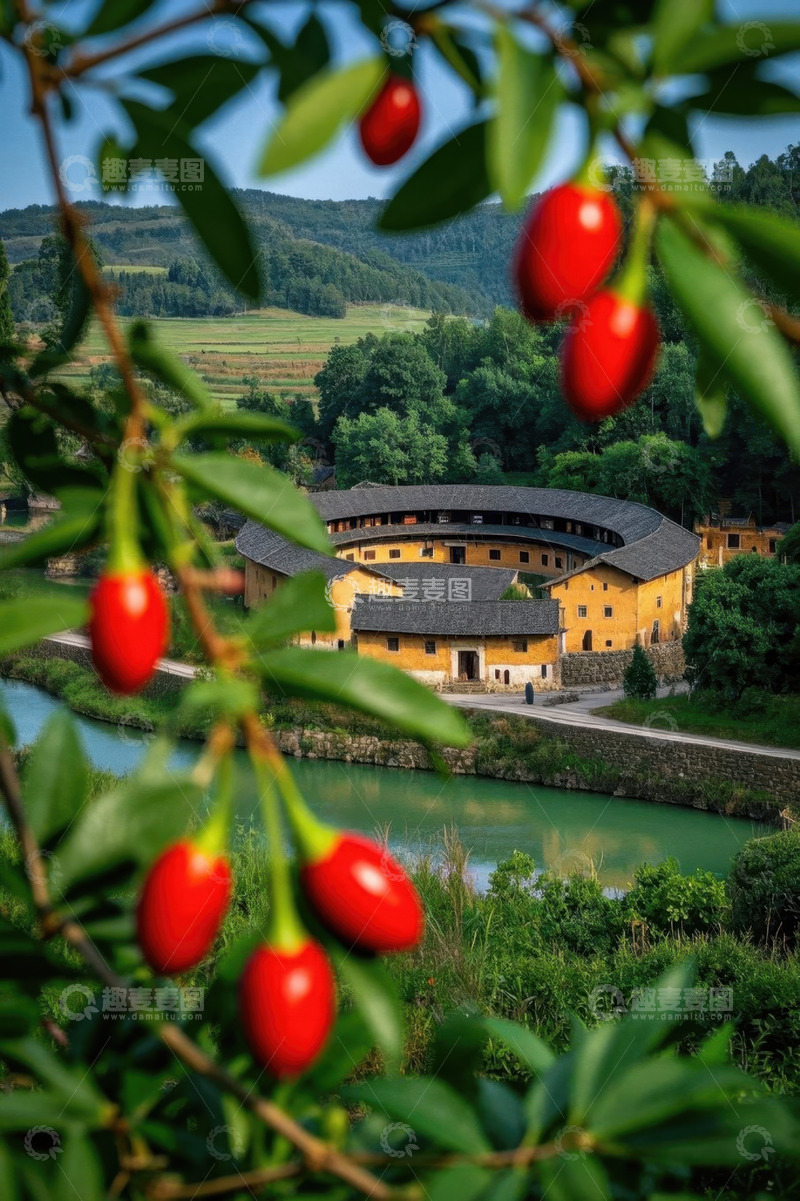 高清大图下载【趣麦麦图】近景红果映衬下的福建土楼