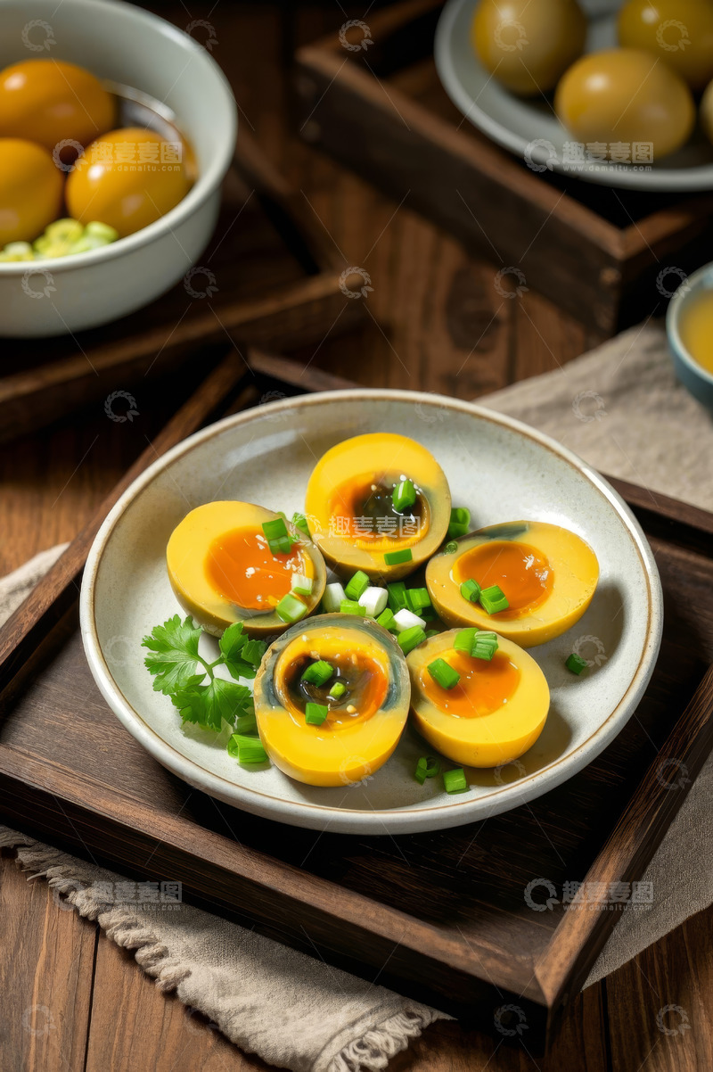 高清大图下载【趣麦麦图】木盘上的咸鸭蛋切片摆盘