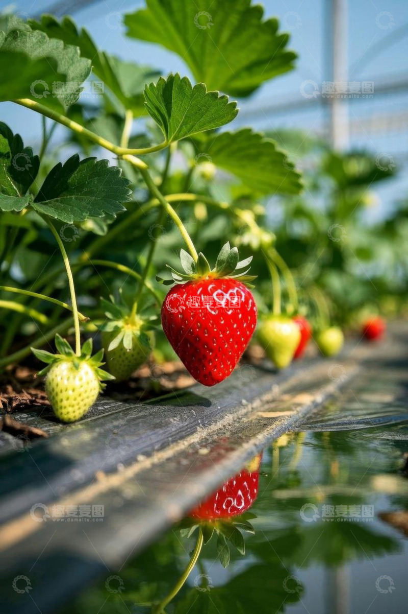 高清大图下载【趣麦麦图】温室中成熟的鲜红草莓