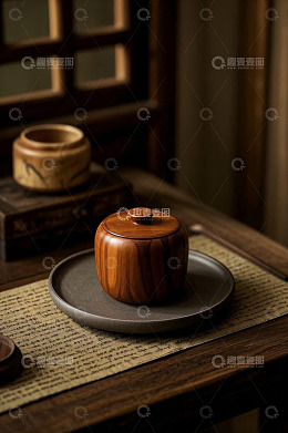 中式木盒置于茶盘上特写