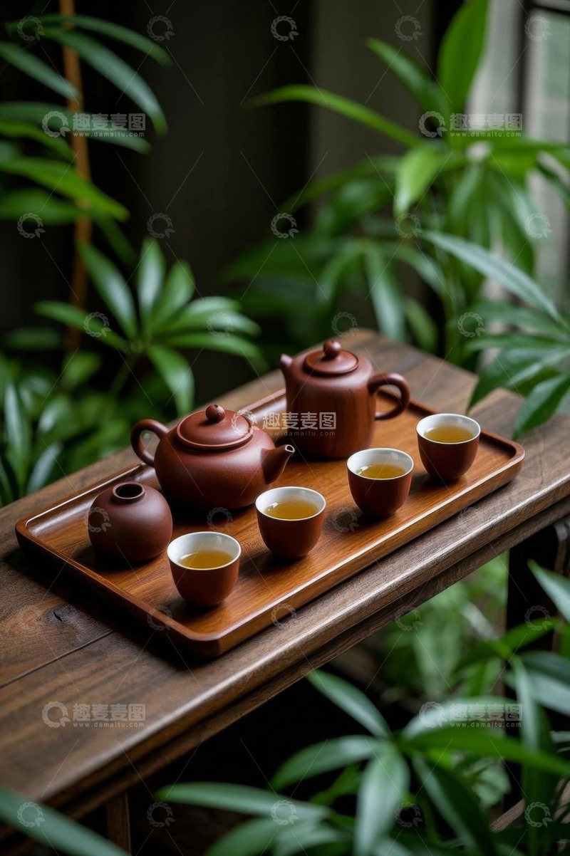 高清大图下载【趣麦麦图】中式茶具摆放在木桌上