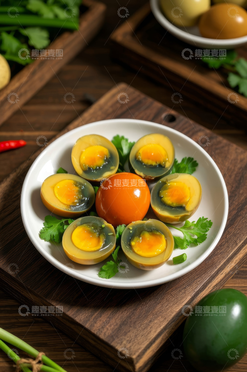 高清大图下载【趣麦麦图】木盘上摆放的皮蛋与鸡蛋