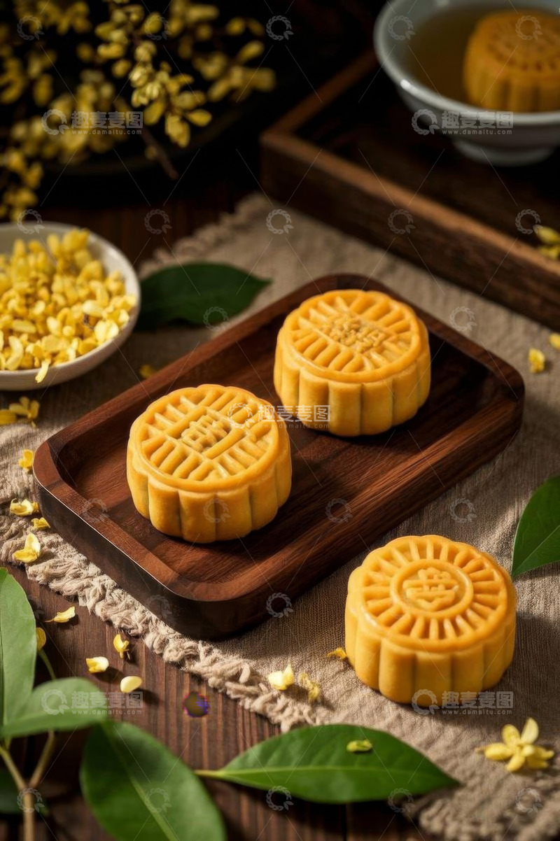 高清大图下载【趣麦麦图】中式木盘上摆放的传统月饼