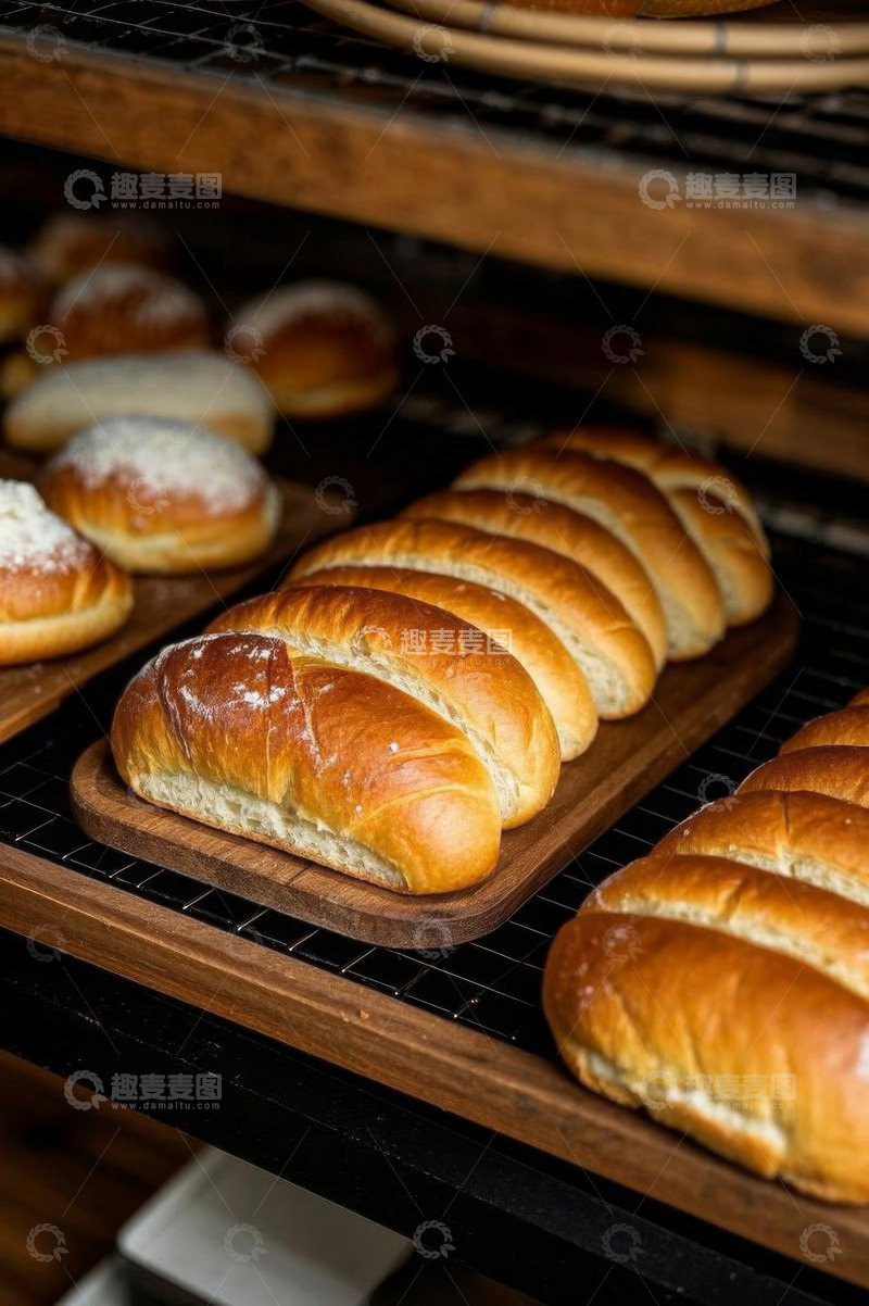 高清大图下载【趣麦麦图】面包店货架上的烘焙面包
