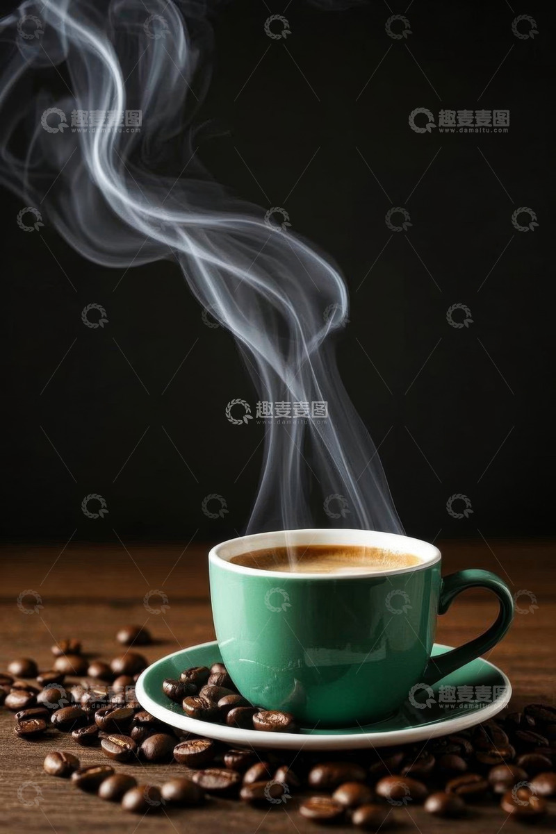 高清大图下载【趣麦麦图】绿色咖啡杯与咖啡豆特写
