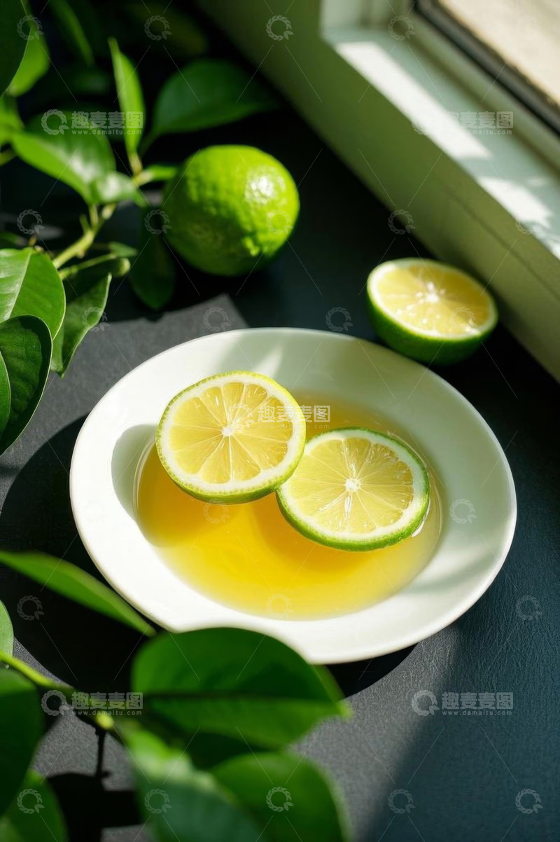 高清大图下载【趣麦麦图】窗边盘中柠檬片与汁水