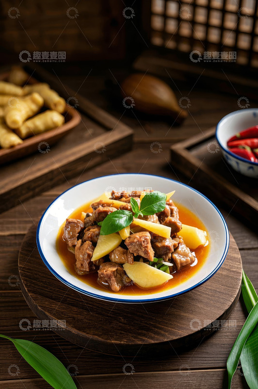 木桌摆盘的美味炖牛肉菜肴