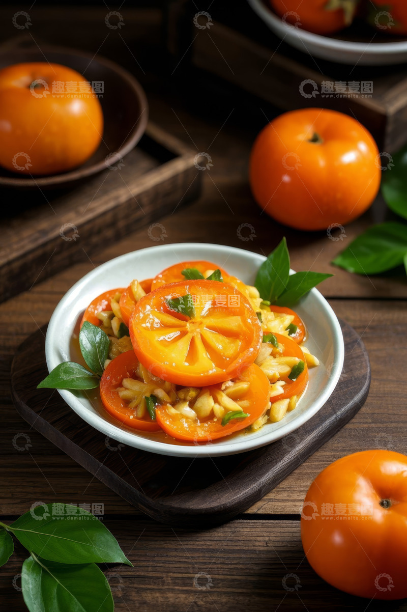 高清大图下载【趣麦麦图】木制背景上的柿子美食摆盘