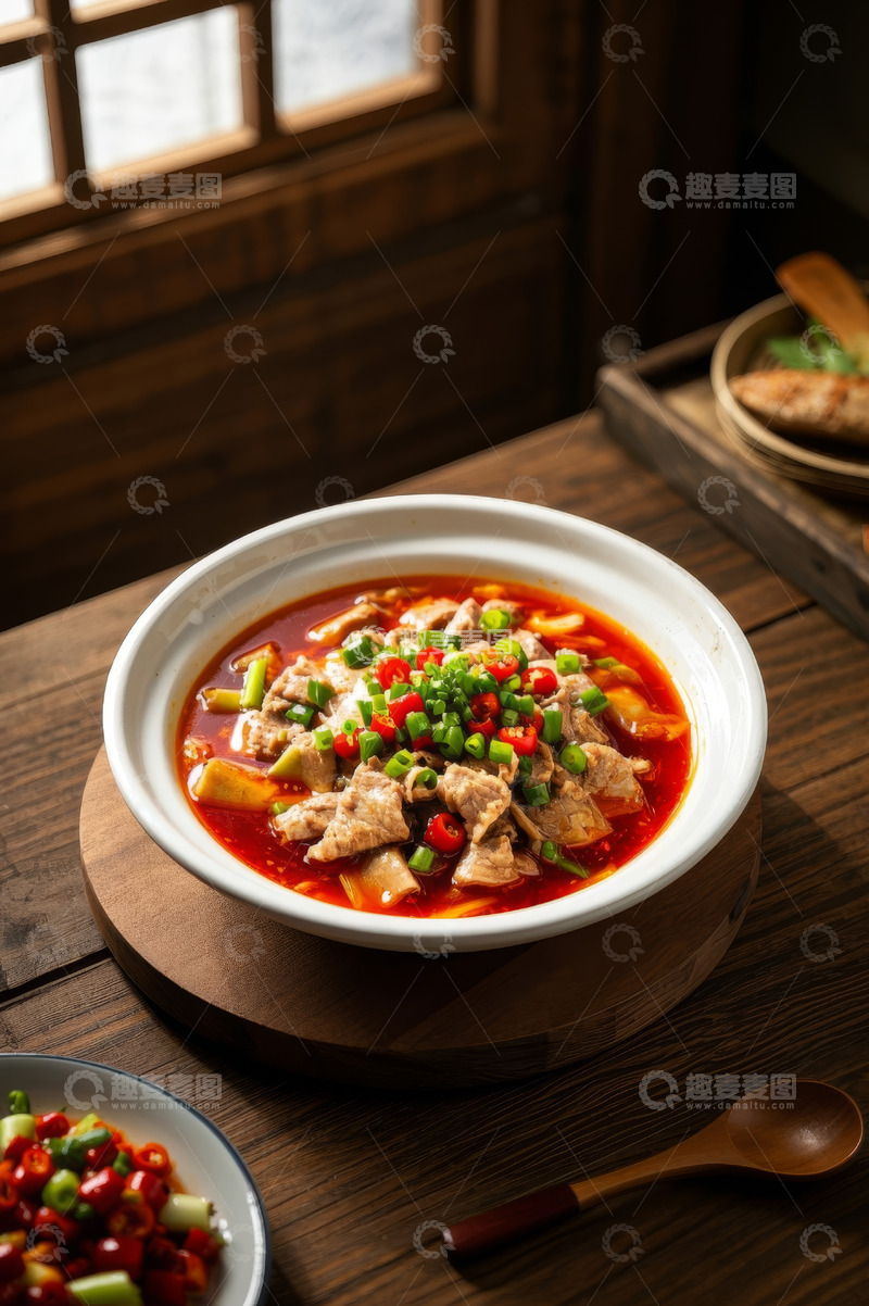 高清大图下载【趣麦麦图】中式餐桌上的美味辣汤肉片