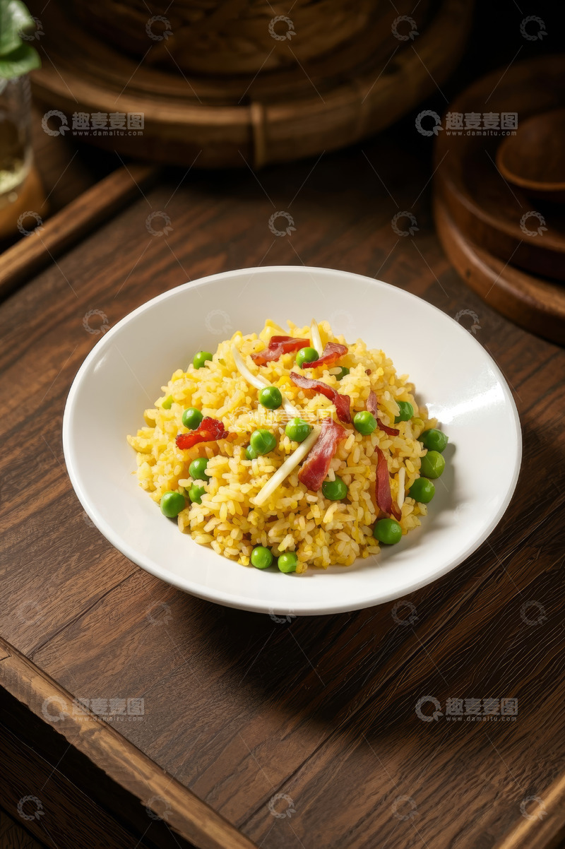 高清大图下载【趣麦麦图】木桌上的一盘美味炒饭