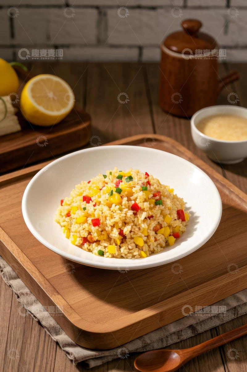 高清大图下载【趣麦麦图】木盘上的彩色蔬菜炒饭