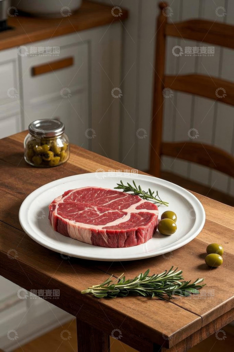 高清大图下载【趣麦麦图】木桌摆盘上的新鲜牛排
