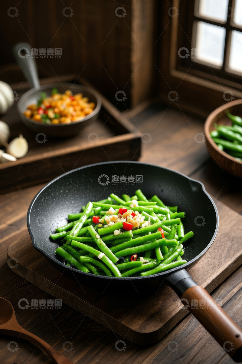 高清大图下载【趣麦麦图】煎锅中的青豆角与配菜