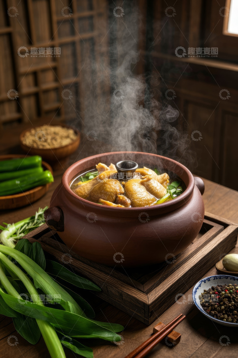 高清大图下载【趣麦麦图】陶制砂锅中热气腾腾的鸡肉