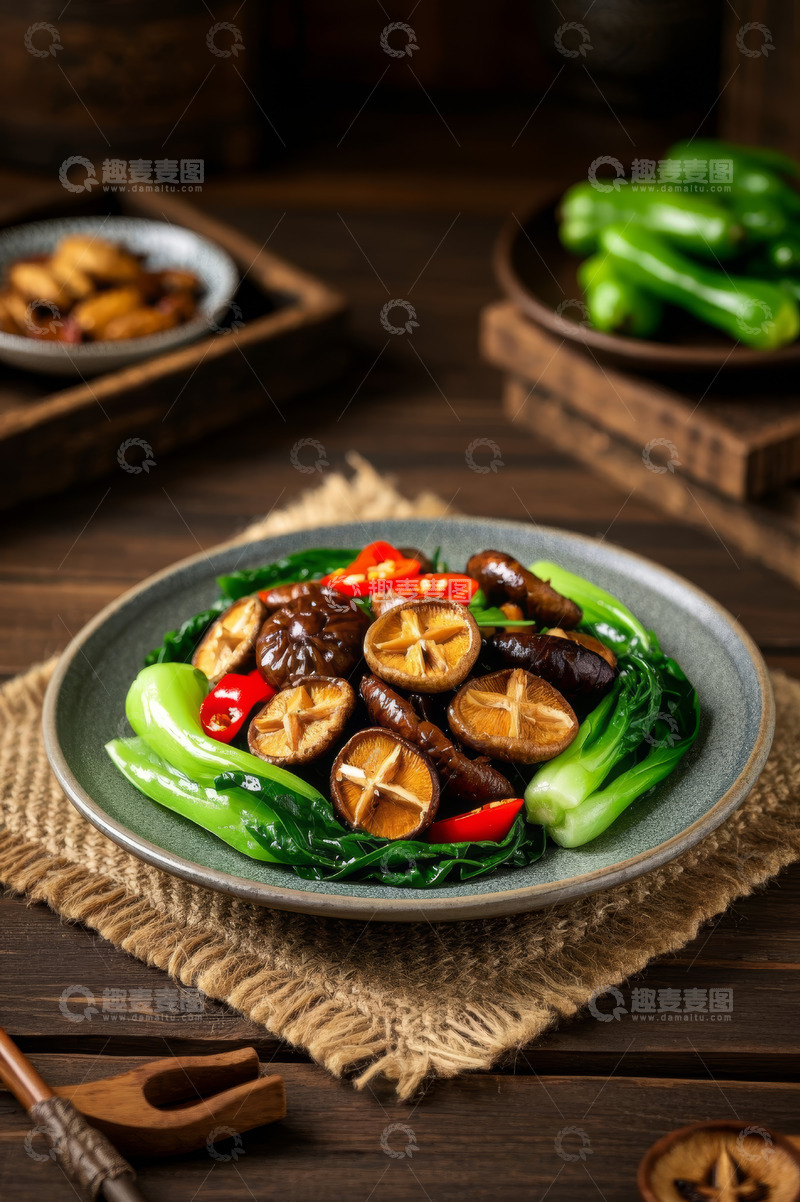 高清大图下载【趣麦麦图】香菇青菜摆盘美食特写