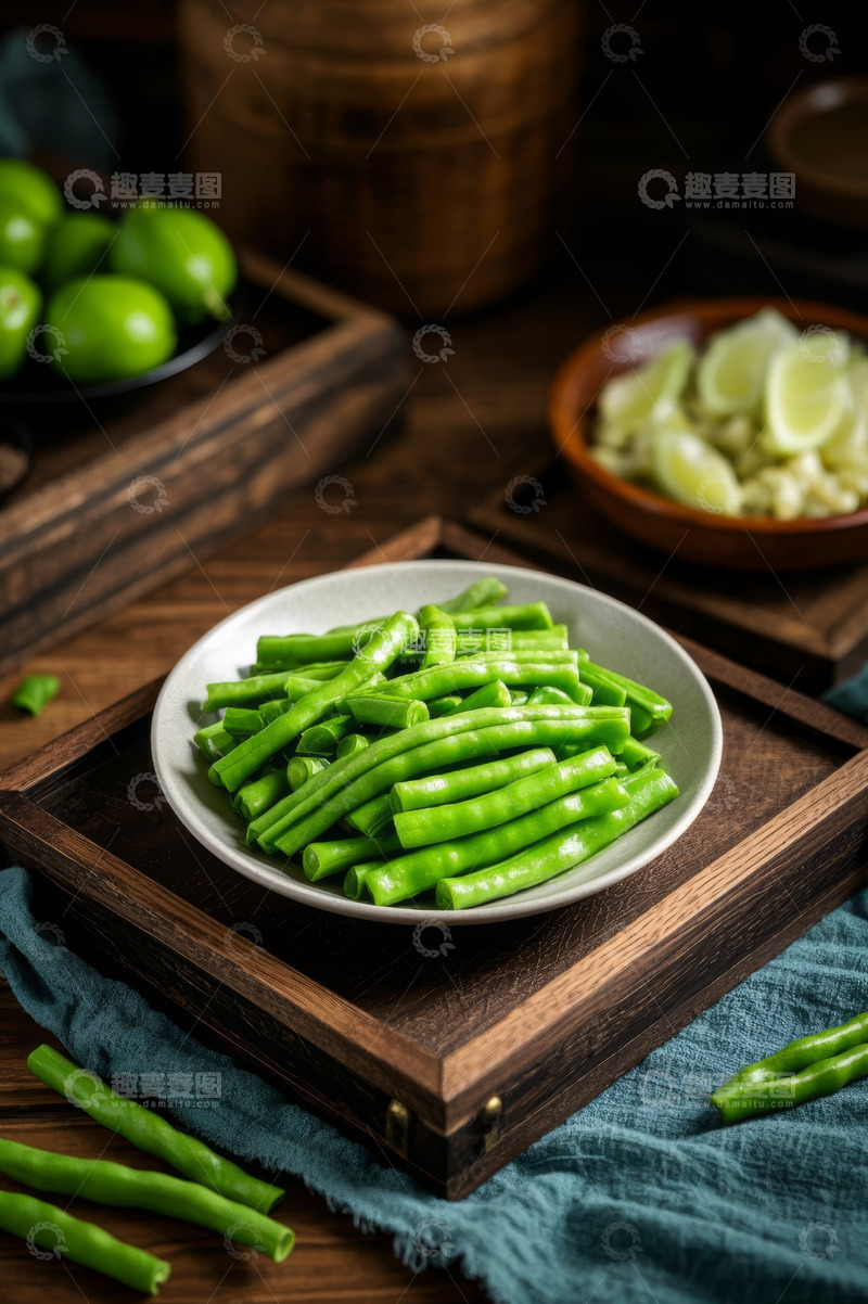 高清大图下载【趣麦麦图】木盘上的新鲜蔬菜豆角和青柠