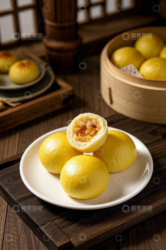 中式点心奶黄包特写