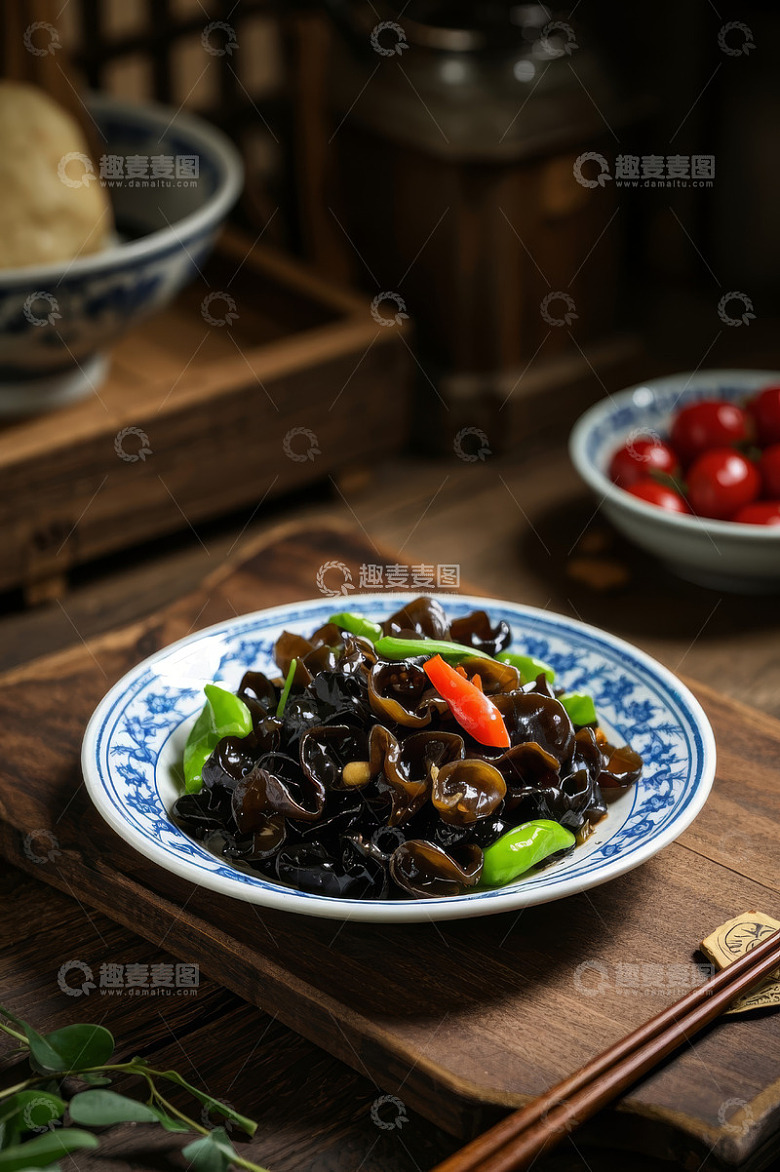 中式摆盘的凉拌黑木耳菜肴