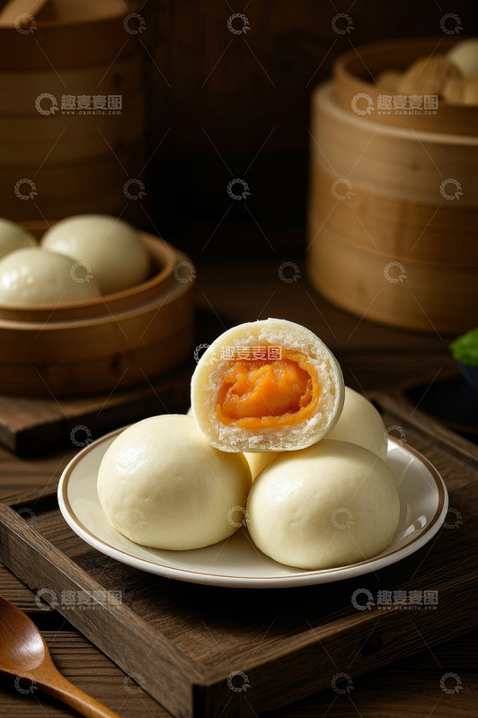 中式面点奶黄包特写