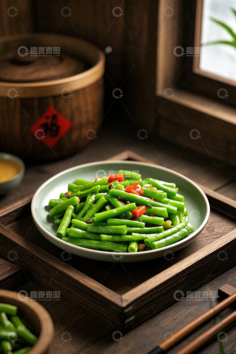 高清大图下载【趣麦麦图】中式餐桌上的炒豆角菜肴