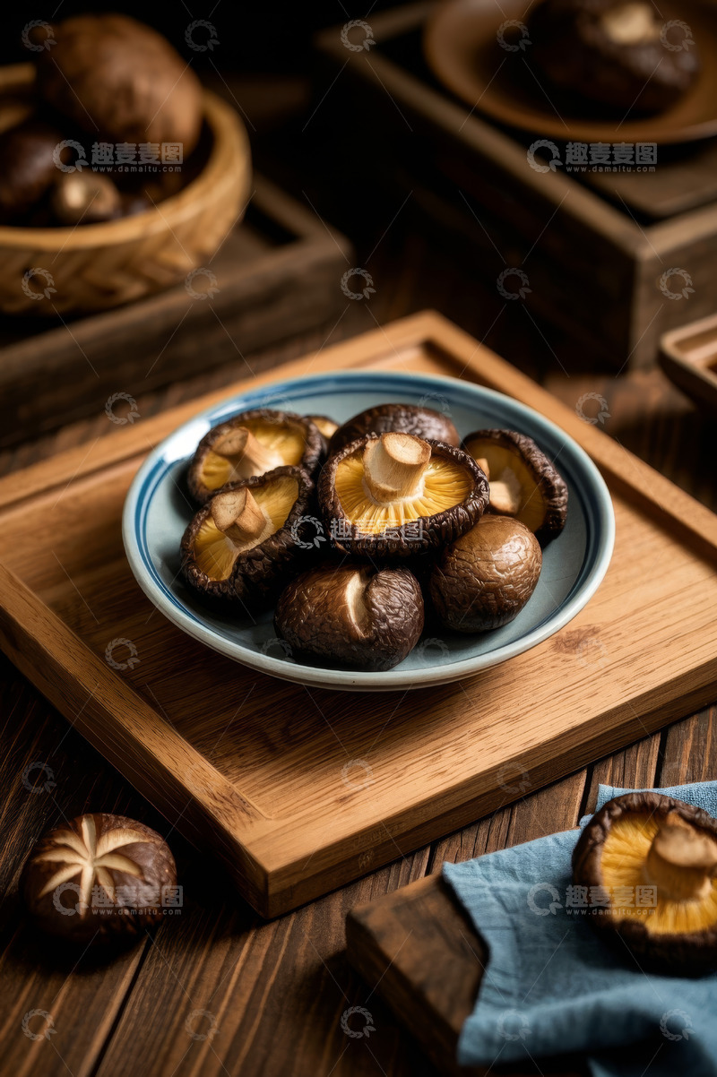 高清大图下载【趣麦麦图】木盘上摆放的新鲜香菇食材