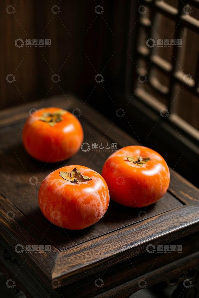 高清大图下载【趣麦麦图】中式木桌上摆放的新鲜柿子