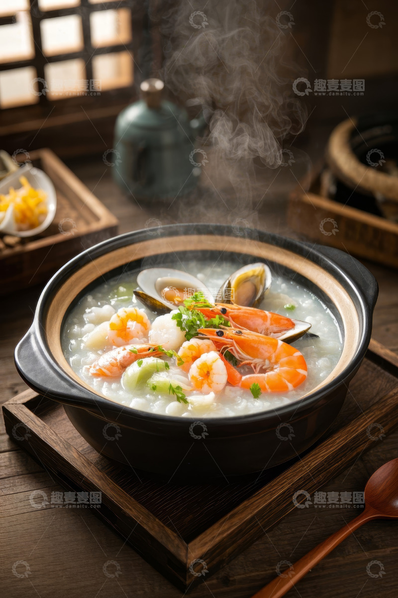 高清大图下载【趣麦麦图】砂锅中的海鲜粥美食画面
