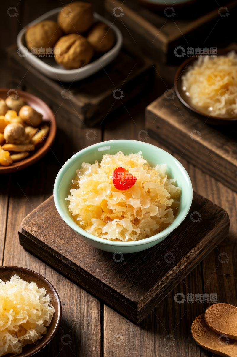 高清大图下载【趣麦麦图】木桌上摆放的银耳羹及坚果