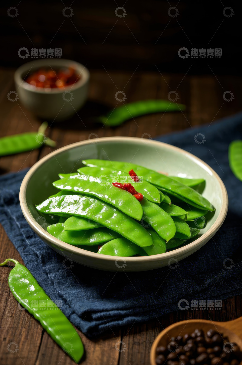 高清大图下载【趣麦麦图】碗中鲜嫩荷兰豆搭配红椒
