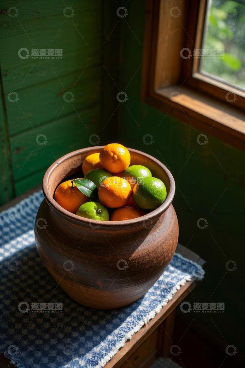 高清大图下载【趣麦麦图】窗边陶罐内盛放的新鲜水果