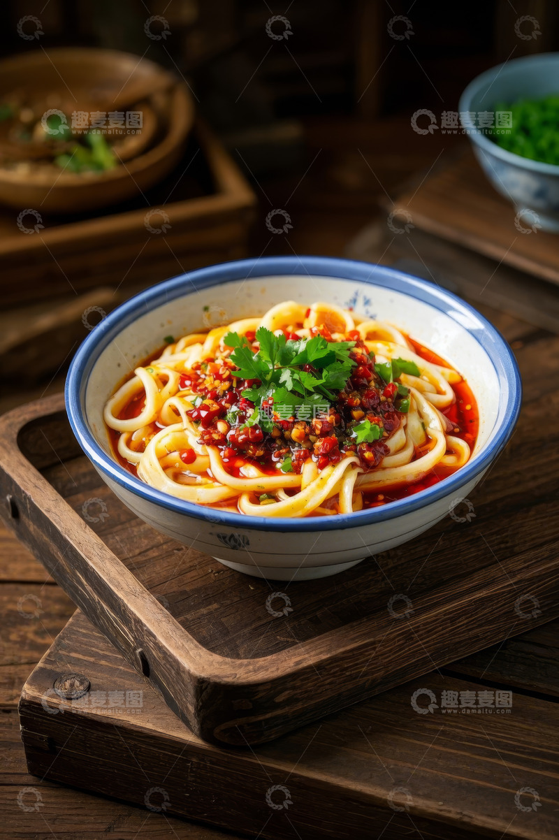 高清大图下载【趣麦麦图】木托盘上的一碗香辣面条